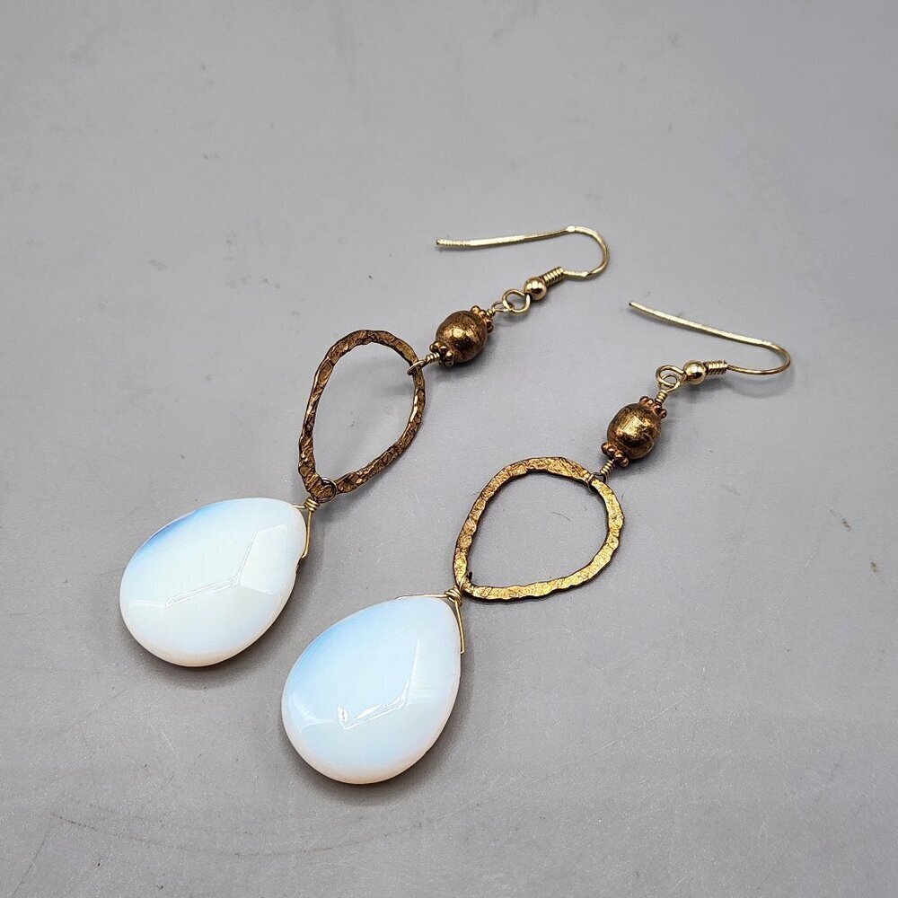 White Opalite Teardrop Earrings on Hammered Gold Tone Metal Hoops 3"